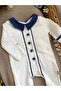 Baby Boy Navy Blue Fabric Button Detailed Newborn Rompers and Hat Set - 4