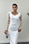 Double Fabric Sleeves 3D Floral Pencil Dress - White - 3
