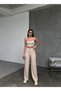 Women's Beige Modal Fabric Wide Leg High Waist Palazzo Sweatpants with Lacing at the Waist - 6