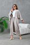 Women's Tulle Floral Embroidered and Stone Detailed Linen Kimono and Pants Set - 3