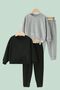 2-Piece Plain Unisex Kids Double Pocket Black-Grey Tracksuit Set