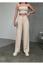 Women's Beige Modal Fabric Wide Leg High Waist Palazzo Sweatpants with Lacing at the Waist - 5