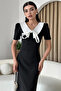 Black and White V-Neck Stripe Detailed Midi Flared Evening Dress - 2