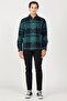 Relaxed Fit Wide Cut 100% Cotton Green Plaid Long Sleeve Shirt - 4