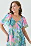Women's Tropical Pattern Gipe Detail Flared V-Neck Midi Evening Dress 9187 - 5