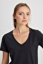 Regular Fit Regular Cut V-Neck 100% Cotton Black T-Shirt - 4