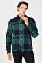 Relaxed Fit Wide Cut 100% Cotton Green Plaid Long Sleeve Shirt - 2