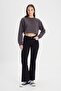 Regular Fit Regular Cut Crew Neck 100% Cotton Women's Anthracite Crop Logo Sweatshirt - 3