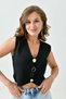 Women's Stretchy Knitwear Fabric Buttoned Short Crop V Neck Black Blouse 9902 - 2