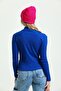Cobalt Blue Turtleneck Ribbed Camisole Long Sleeve Knitted Blouse - 5