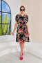 Summer Patterned Viscose Dress with Tie Detail Black - 5