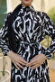 Women's Viscose Reactive Print High Collar Hidden Zipper Long Dress with Belt Black and White Pattern - 5