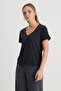 Regular Fit Regular Cut V-Neck 100% Cotton Black T-Shirt - 2