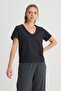 Regular Fit Regular Cut V-Neck 100% Cotton Black T-Shirt