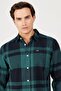 Relaxed Fit Wide Cut 100% Cotton Green Plaid Long Sleeve Shirt - 3