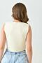 Women's stretchy knit fabric button short crop v-neck cream blouse 9902 - 3