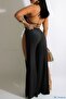Black Wide Leg Jumpsuit with Deep Side Slits and Cross Tie Back - 2