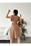 Women's V-Neck Window Detail Ruffled Sleeves Short Dress Camel - 6