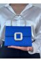 Women's Sax Blue Satin Covered Evening Dress Shoulder Bag with Accessory Detail and Chain
