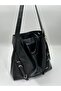 Women's Black Medium Voyo Boyfriend Casual Belted Wrinkled Patent Leather Shoulder Bag - 2