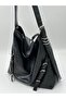 Women's Black Medium Voyo Boyfriend Casual Belted Wrinkled Patent Leather Shoulder Bag - 3