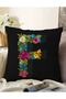 Double Sided Black Floor Colored Rose Themed Letter F Special Design Digital Printed Raschel Throw Pillow Cover