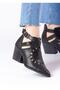 Valen Women's Laser Star Patterned Buckle Adjustable Back Zipper Shoes Matte Black - 4