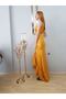 Women's Saffron Thin Strap Satin Evening Dress - 2