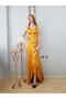 Women's Saffron Thin Strap Satin Evening Dress - 4