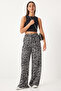 Women's Off-White Black Patterned Flowy Viscose Palazzo Trousers En00606 - 2