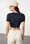 Koyu Lacivert Crop Hafif Destekli Yumuşak Dokulu Bisiklet Yaka Örme Spor Üst/Bluz TWOAW21BZ0158 - 5