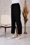 Black Women's Straight Leg Trousers with Elastic Waist Pockets - 3