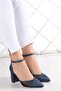 Millie Dark Blue Satin Mesh Thick Heeled Evening Dress Shoes - 3