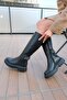 Women's Black Genuine Leather Boots with Stone Detail - 5