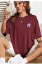 Women's Burgundy Figure Flower Printed Oversized T-Shirt