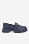 Women's Dark Blue Genuine Natural Leather 36-41 Size Buckle Loafer Shoes - 2