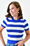 Women's Knit Fabric Crew Neck Short Sleeve Striped Design Blouse 1617