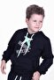 X Printed Kangaroo Pocket Hooded Boy's Black Sweatshirt
