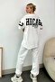 Women's Ecru Crew Neck Printed T-shirt and Jogging Tracksuit Set Prm0730