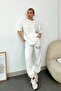 Women's Ecru Crew Neck Printed T-shirt and Jogging Tracksuit Set Prm0730 - 3