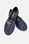 Women's Dark Blue Genuine Natural Leather 36-41 Size Buckle Loafer Shoes - 7