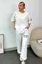 Women's Ecru Crew Neck Printed T-shirt and Jogging Tracksuit Set Prm0730 - 4