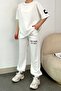 Women's Ecru Crew Neck Printed T-shirt and Jogging Tracksuit Set Prm0730 - 2