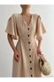 Women's Waist Rubber Detailed Neck Button Dress Stone Color