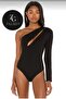 Women's Black Front Slit One Sleeve Off Shoulder Silk Jersey Bodysuit - 2
