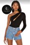 Women's Black Front Slit One Sleeve Off Shoulder Silk Jersey Bodysuit