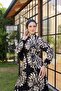 Women's Wind Rose Reactive Print High Collar Long Sleeve Hijab Dress Black - 3