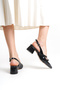Black Patent Leather Pointed Toe Buckle 4 cm Thick Heeled Women's Shoes - 4