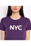Women's Purple Text Printed Crew Neck Short Sleeve T-Shirt - 3