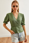 Women's Khaki Double Breasted Blouse with Elastic Waist Blz- 19002187 - 2